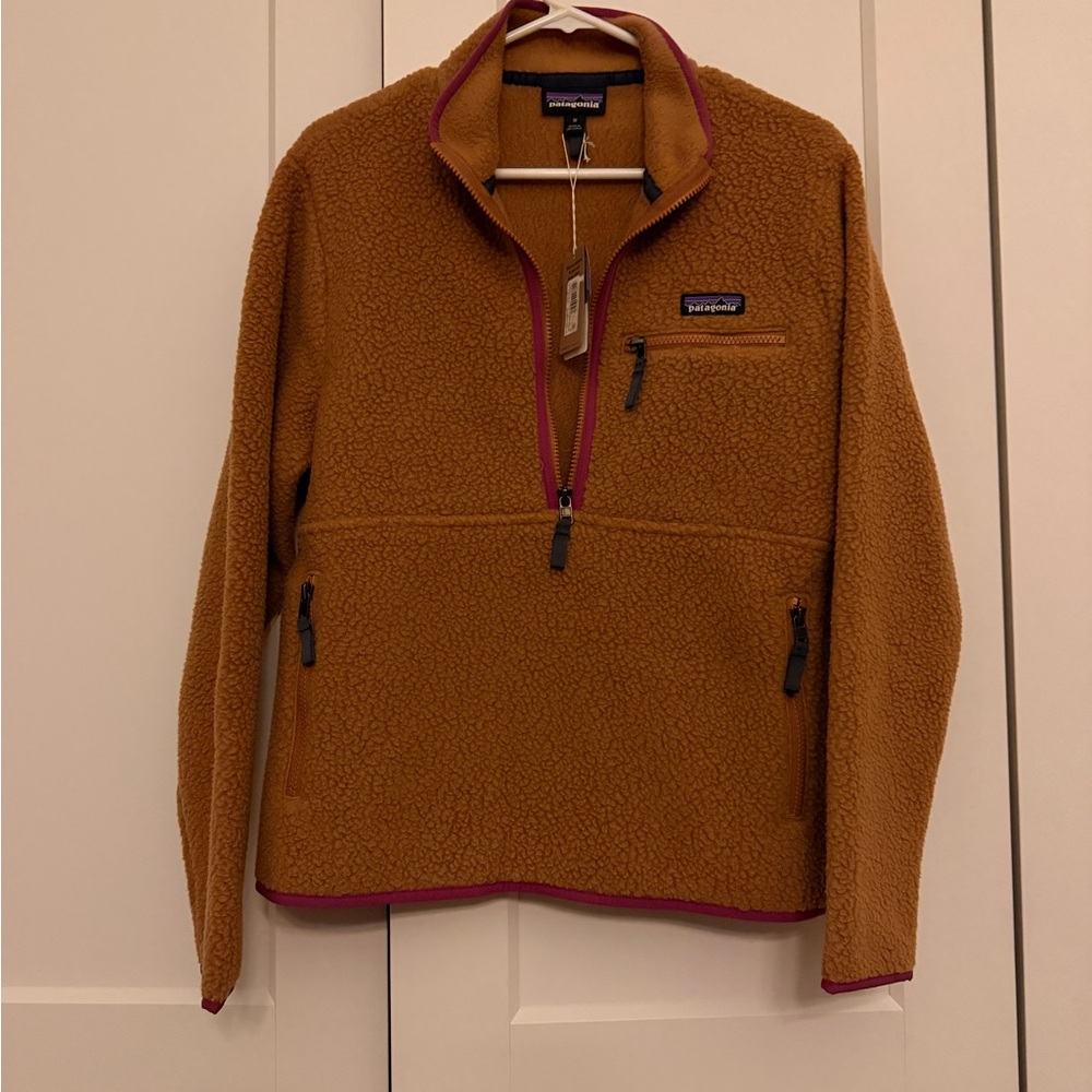 Patagonia Tan Fleece Ski Jacket with Pink Trim